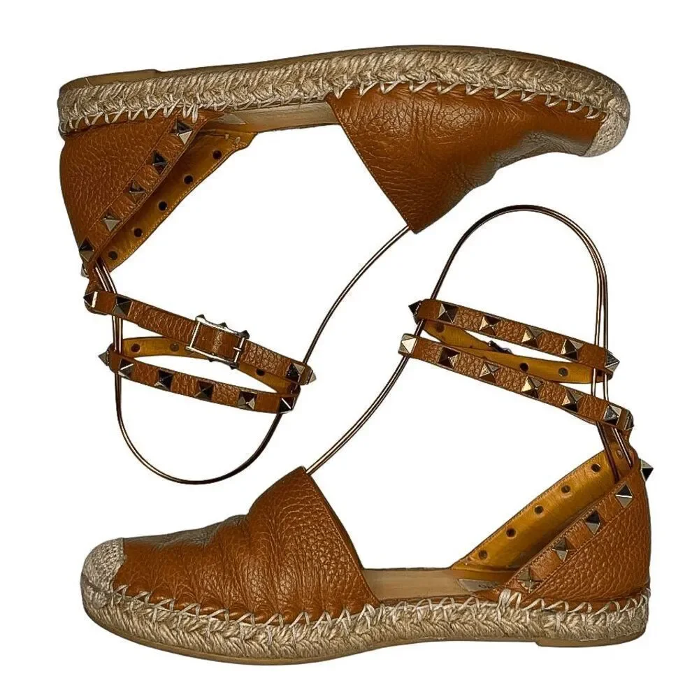 Valentino Garavani Rockstud Espadrille Studded Ankle Wrap Flats EU 37 US 7 Brown